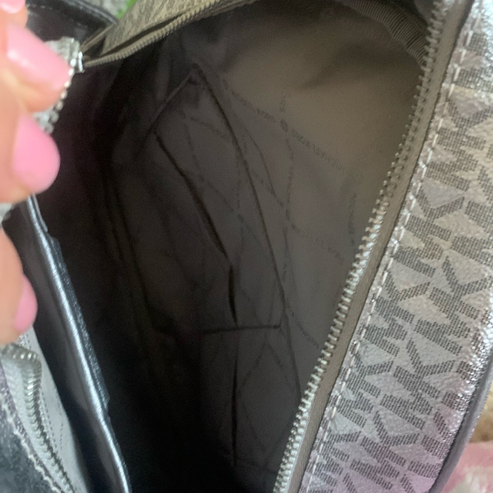 Michael Kors Silver shimmer Monogram Backpack shiny zipper leather compartments - Picture 3 of 16